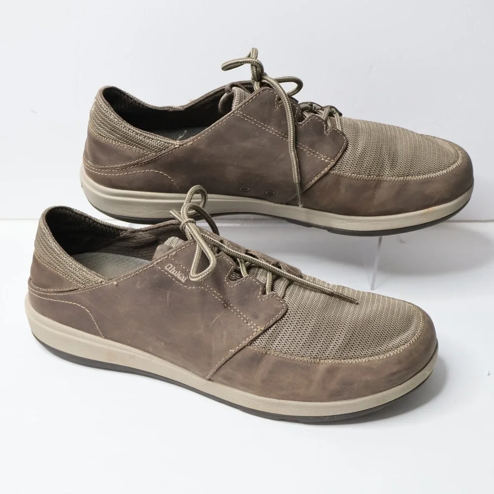 OluKai Makia Lace Mens 13 Brown Leather Mesh‎ Walking Shoes 10362-1028